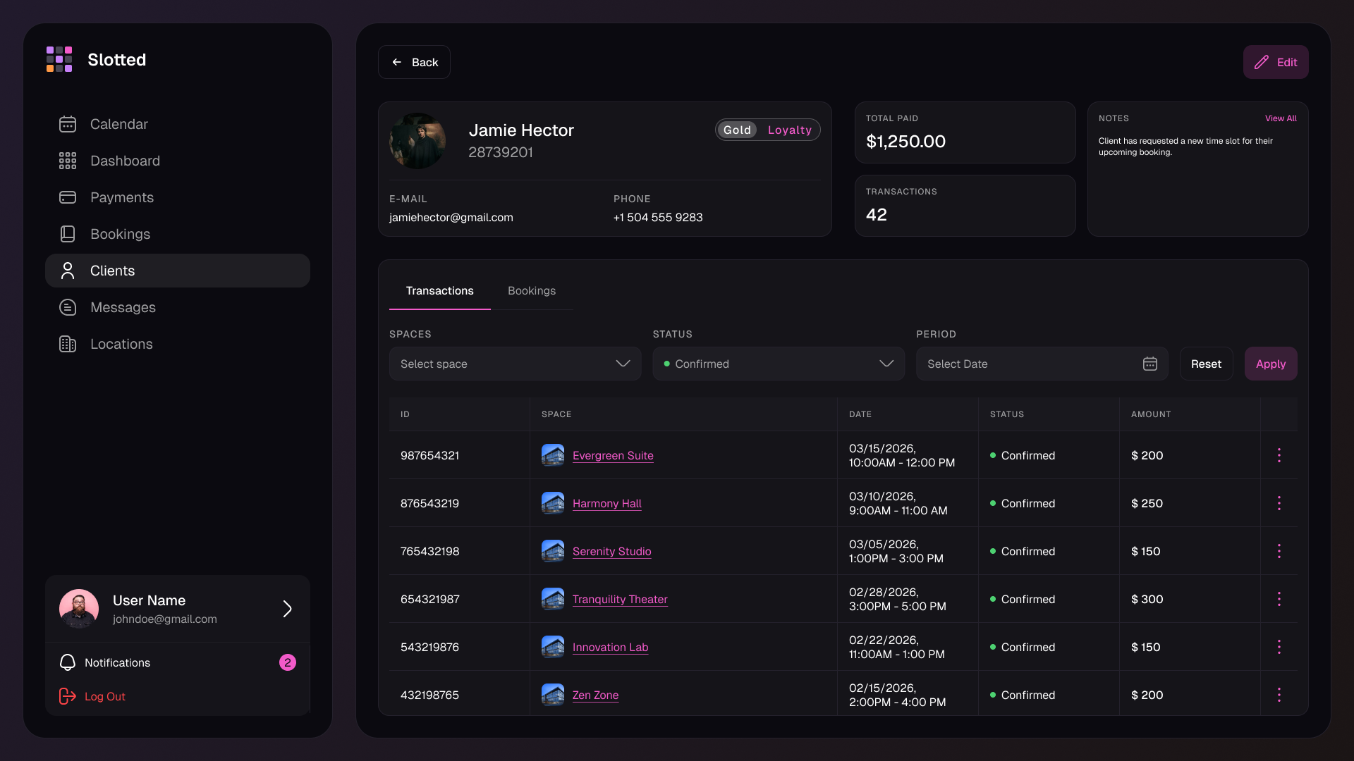 Slotted client profile showing payment history and notes